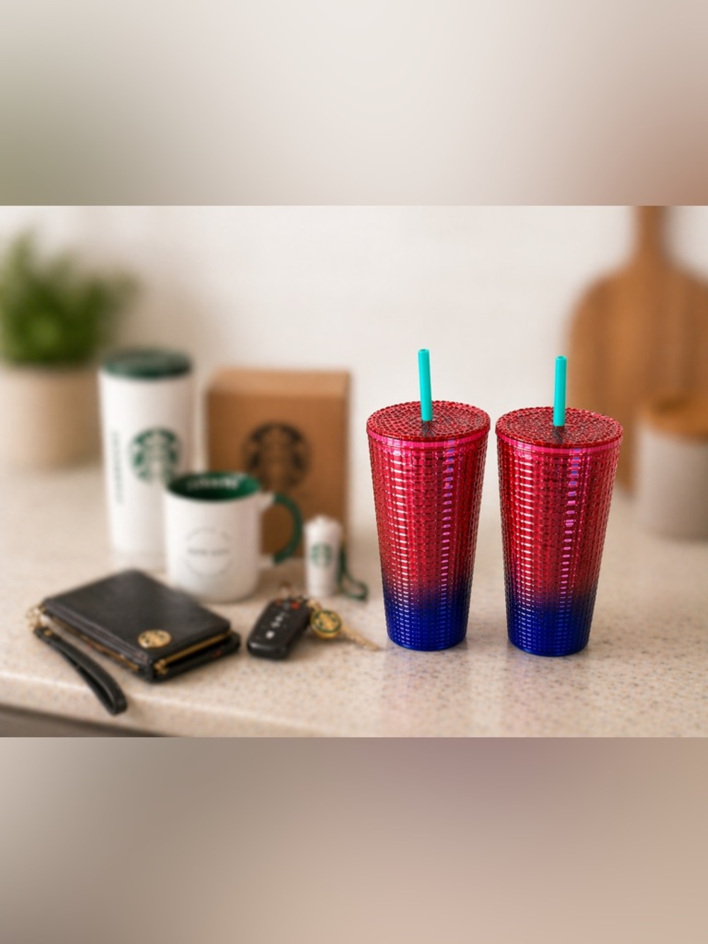Starbucks Venti Tumbler Set 2 Watermelon Pink Purple Gradient Grid Studded Cold